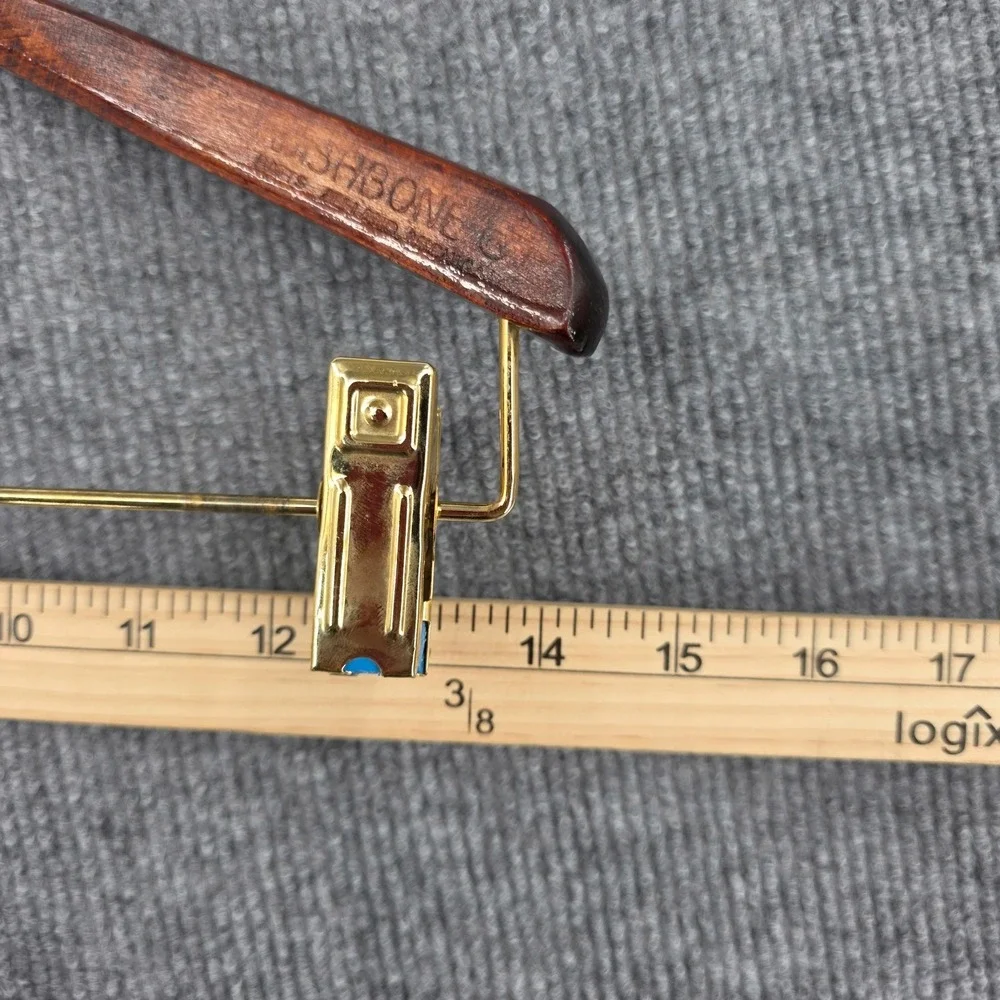Polo Ralph Lauren Wishbone Wooden Suit Hanger Brown Gold Clips 14.5 in